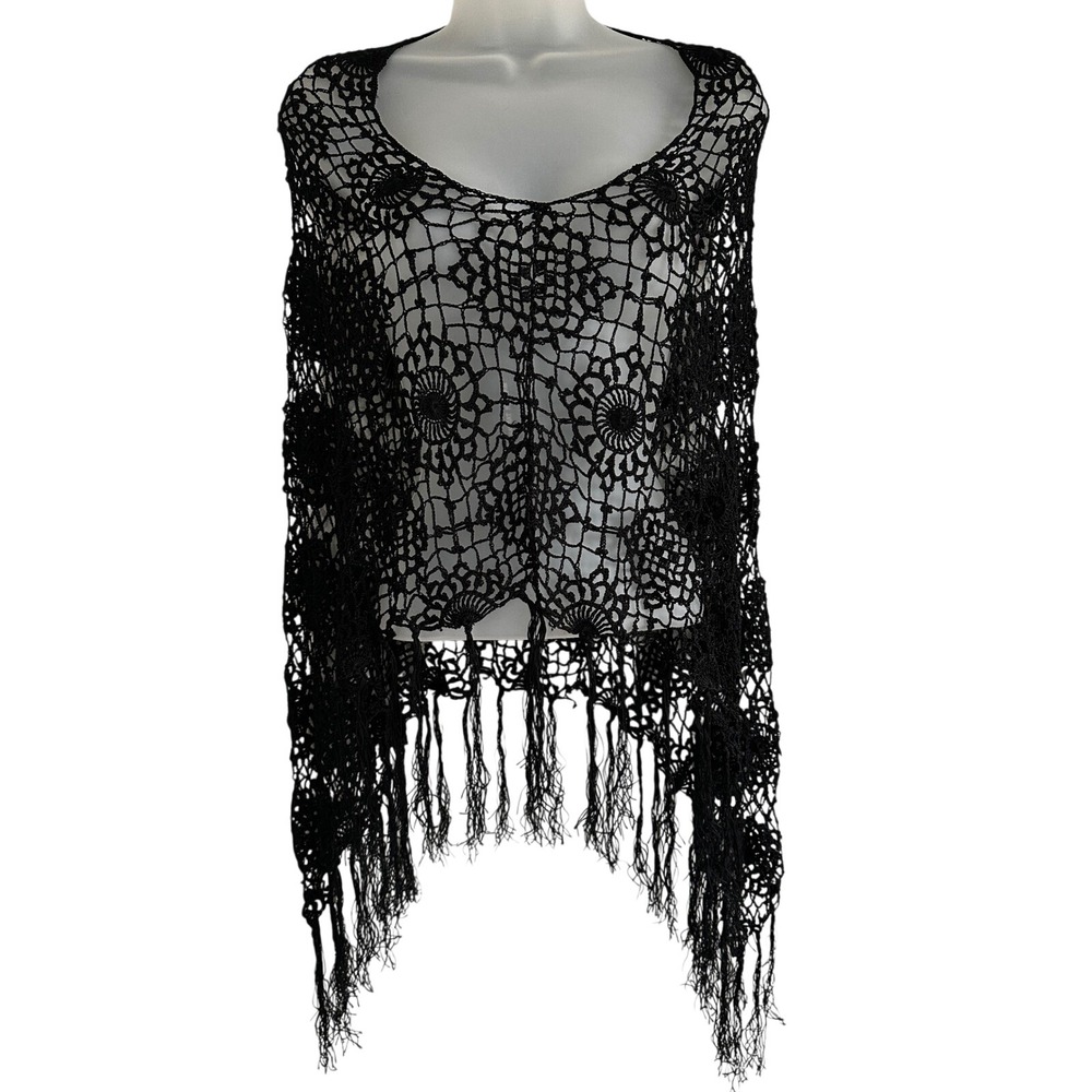 Black Crochet Floral Medallion Fringe Poncho Shawl Wrap Cape One Size